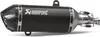 A black motorcycle exhaust muffler with carbon fiber accents and silver metal components, presented on a white background. Produktbild-Vorschau