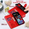 A red phone case with a phone inside, showing its features and compartments. Produktbild-Vorschau