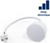 A white LED module with a white cable and connector, set against a white background. A graphic and text indicating 'step-dimmbar' are in the upper right corner. Produktbild-Vorschau