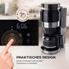 A close-up of a coffee maker's digital display and a hand interacting with it, with text overlay. Produktbild-Vorschau