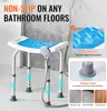A shower stool in a bathroom setting, with close-up insets highlighting features. Podgląd zdjęcia produktu