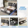 A collage of images showcasing a grey upholstered bed with storage features, including a headboard with shelves, under-bed drawers, and a hydraulic lift mechanism. The main image shows the bed made up with bedding and decorative pillows, while smaller imag Náhled obrázku produktu