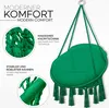 A green hanging chair with macrame detailing and tassels, shown with close-up insets of the macrame knotting and frame. Podgląd zdjęcia produktu