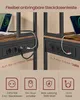 Close-up of a power strip integrated into a shelf unit, with icons and text describing its features. Produktbild-Vorschau