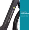 Close-up of an electric bicycle battery and fender with descriptive text. Produktbild-Vorschau