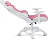 A pink and white gaming chair is shown from the side, reclined. Produktbild-Vorschau