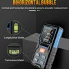 A laser distance meter is shown with callouts highlighting its bubble levels and screen display. Podgląd zdjęcia produktu