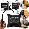A collage of images showing a black pneumatic air wedge, its packaging, and examples of its use. Produktbild-Vorschau