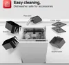 An image showing various accessories for an air fryer, including baskets, a pizza plate, crisper plates, and a silicone basket, with a dishwasher in the background. Produktbild-Vorschau
