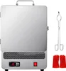 A silver electric melting furnace with a digital display and red power button, along with a pair of metal tongs and red heat-resistant gloves, is presented against a white background. Náhled obrázku produktu