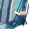 Close-up of a striped hammock swing with blue ropes and a wooden spreader bar. Produktbild-Vorschau