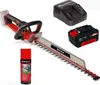 A cordless hedge trimmer with accessories, including a battery, charger, and maintenance spray, displayed on a white background. Produktbild-Vorschau