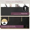 A split image showing two features of a black sideboard: the top half shows the sideboard with decorative items and a wall-mounting bracket, and the bottom half shows a close-up of one of its adjustable feet. Podgląd zdjęcia produktu