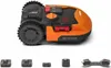 A robotic lawnmower and several accessories are displayed against a white background. Produktbild-Vorschau