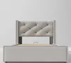 A light gray upholstered bed frame with a tufted headboard is shown against a white background. Produktbild-Vorschau