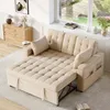 A beige sofa bed is shown in a living room setting with a window and a dresser in the background. Voir les images du produit