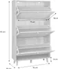 A shoe cabinet with multiple flip-down drawers, shown with dimensions. Produktbild-Vorschau