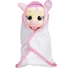 A baby doll wrapped in a white blanket with pink trim and bunny ears on the hood. Anteprima dell’immagine prodotto