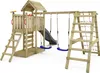 A wooden playground set with a slide, swings, and climbing net, shown against a white background. Náhľad obrázku produktu