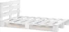 A white wooden pallet bed frame with a headboard, shown against a white background. Produktbild-Vorschau