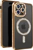 A close-up studio shot of a gold-trimmed phone case with diamond accents, showcasing the camera module and MagSafe ring. Náhled obrázku produktu