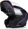 A black motorcycle helmet with pink accents and a mandala-like pattern, shown from the side with the visor open. Náhled obrázku produktu