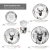 A collage of images showing different pieces of a dinnerware set with deer and wood grain motifs, along with dimension labels. Voir les images du produit
