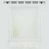 A white sheer curtain with lace trim hanging on a window rod. Produktbild-Vorschau