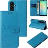 A collage of images showing a blue flip phone case with floral and butterfly designs from multiple angles. Produktbild-Vorschau