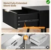 Close-up of a drawer slide mechanism on a black nightstand, with a comparison of different drawer types below. Produktbild-Vorschau