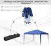 A diagram showing the folding and storage of a blue pop-up gazebo, with a folded gazebo, a carrying bag, and an assembled gazebo depicted. Produktbild-Vorschau