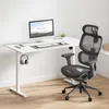 A white standing desk with a computer setup and a gray ergonomic office chair. Podgląd zdjęcia produktu