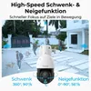 A security camera is shown in a driveway with people and dogs, illustrating its tracking and panning capabilities. Produktbild-Vorschau