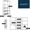 A collage showing dimensions and details of a silver metal shelving unit, along with a logo. Náhled obrázku produktu