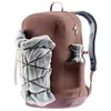 A brown backpack with a gray hoodie tied to the front and a silver water bottle in a side pocket. Produktbild-Vorschau