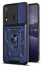 A blue and black phone case with a ring holder is shown on a white background, with a portion of a smartphone visible on the right. Produktbild-Vorschau