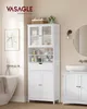 A white bathroom cabinet is shown in a well-lit bathroom setting, next to a bathtub and sink. Náhled obrázku produktu
