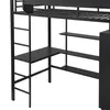 A close-up view of a black metal loft bed with a desk and shelves. Náhled obrázku produktu