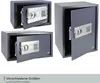 Three safes of different sizes are displayed against a white background. The safes are dark grey with silver electronic keypads and handles. The doors of the safes are open, showing the interior. A grey bar at the bottom of the image contains text in Germa Produktbild-Vorschau