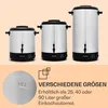 Three stainless steel beverage dispensers of different sizes are shown side-by-side, with a close-up of a 'MAX' fill line and text describing different sizes. Produktbild-Vorschau