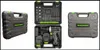 A collage of three images showing a cordless drill set in its case and open case. Produktbild-Vorschau