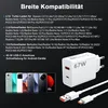 A marketing image showing a white 67W USB-C charger and cable, alongside a row of smartphones, with text detailing compatibility and features. Produktbild-Vorschau