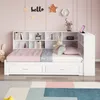 A white daybed with storage drawers and a bookshelf headboard, decorated with stuffed animals and wall art in a child's bedroom. Produktbild-Vorschau
