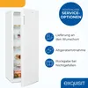 A white refrigerator with its door open, showcasing its interior, next to icons and text explaining its services, with the brand logo at the bottom. Produktbild-Vorschau