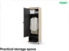 A tall, open wardrobe cabinet with clothes and shoes inside, against a white background. Produktbild-Vorschau