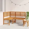 An outdoor patio scene with a wooden corner bench and a small side table. Produktbild-Vorschau