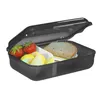 A black lunchbox with a transparent lid, containing a sandwich, strawberries, and apple slices. Produktbild-Vorschau