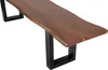 A close-up of a wooden bench with a live edge top and black metal U-shaped legs, set against a white background. Produktbild-Vorschau