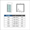 A diagram of a shower enclosure with a table of dimensions. Produktbild-Vorschau