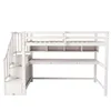 A white loft bed with stairs, a desk, and shelves, shown against a white background. Produktbild-Vorschau